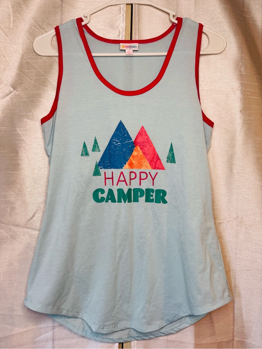 Happy Camper Light Blue Tank Top with Pink Trim